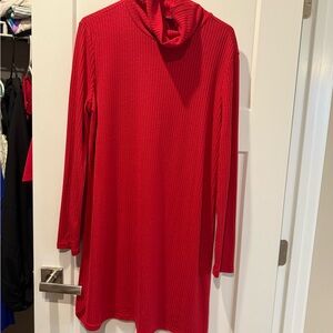Turtleneck Red Ribbed Long Sleeve Dress